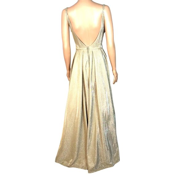 Metallic Gold Evening Gown By B. Smart With Plunging Back V-Neckline Adjustable - Picture 2 of 9